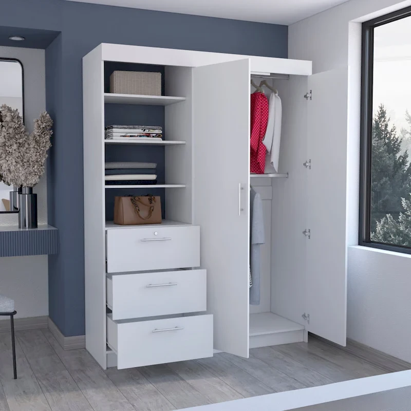 Kenya 3-Drawer Armoire with 3 Upper Shelves, 2 Hangers, Metal Handles, White - N/A
