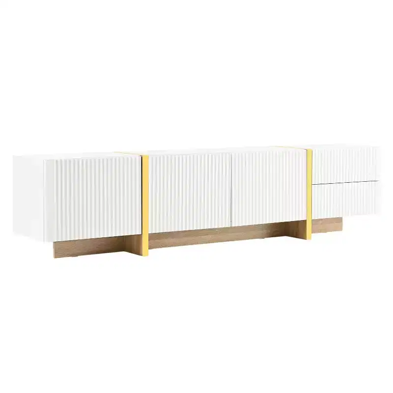 VIYET 74Luxury Fluted TV Stand for 80 TVs, White Media Console w/ Storage Cabinets/Drawers & Golden Wood Grain Legs