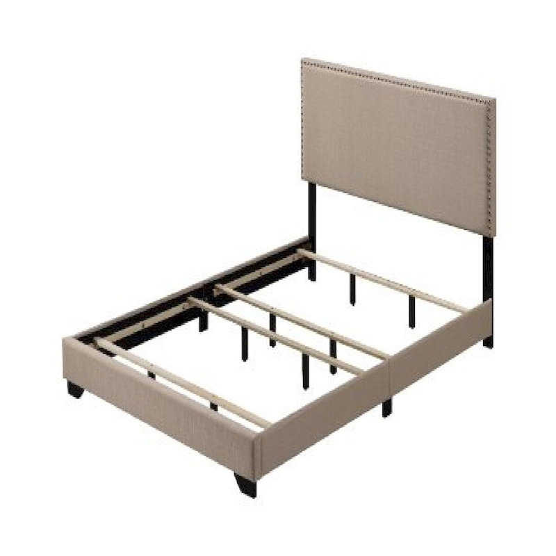Queen Size Bed with Fabric Upholstery and Nailhead Accent, Beige