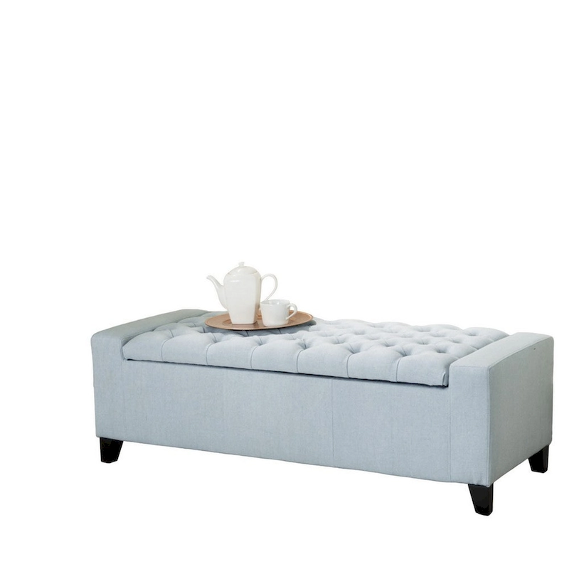 Liani Storage Ottoman Bench, Light Blue Fabric, Tufted Top, 51 Inch