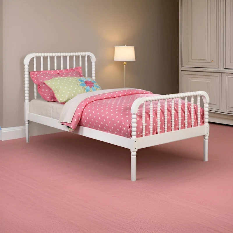 Wooden Twin Bed with Bobbin Style Slatted Headboard and Footboard, White