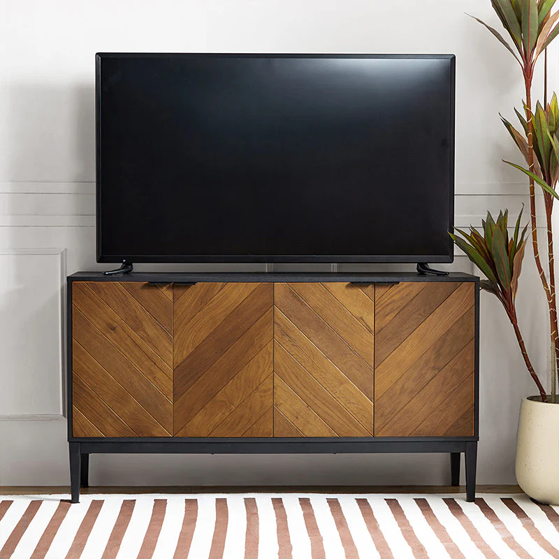 55 in Chevron Wood Grain 4-Door Sideboard with Adjustable Shelves, Metal Legs & Magnetic Catch | Black / Walnut | Single