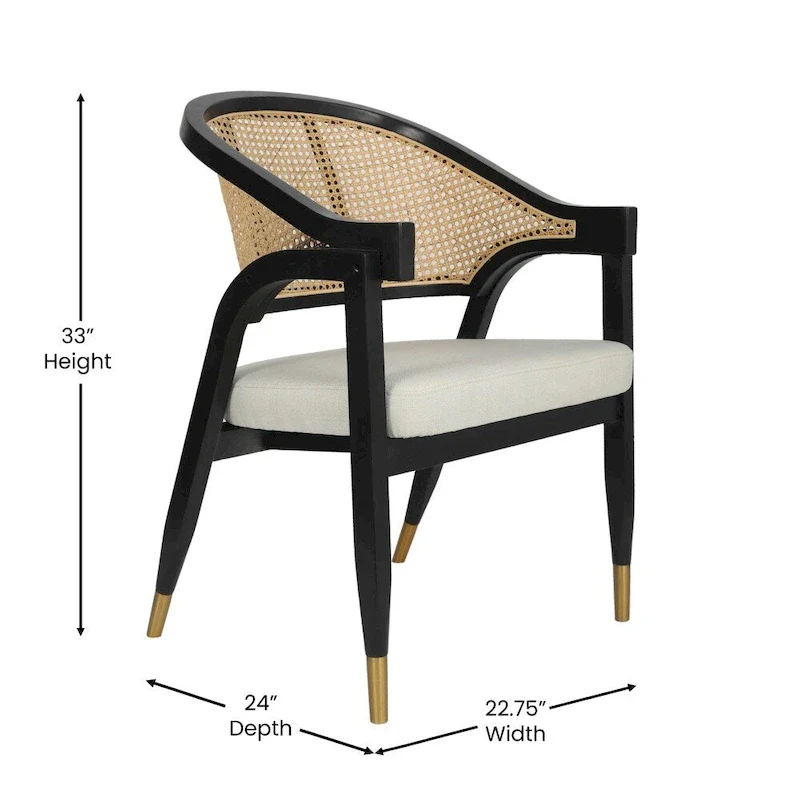 Cane Rattan Dining Chair with Upholstered Seat and Armrests