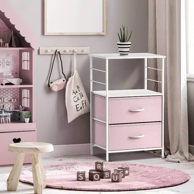 Sorbus 2 Drawers Nightstand with Shelf - Steel Frame, Wood Top & Easy Pull Fabric Bins - Perfect for Home, Bedroom, Office & More