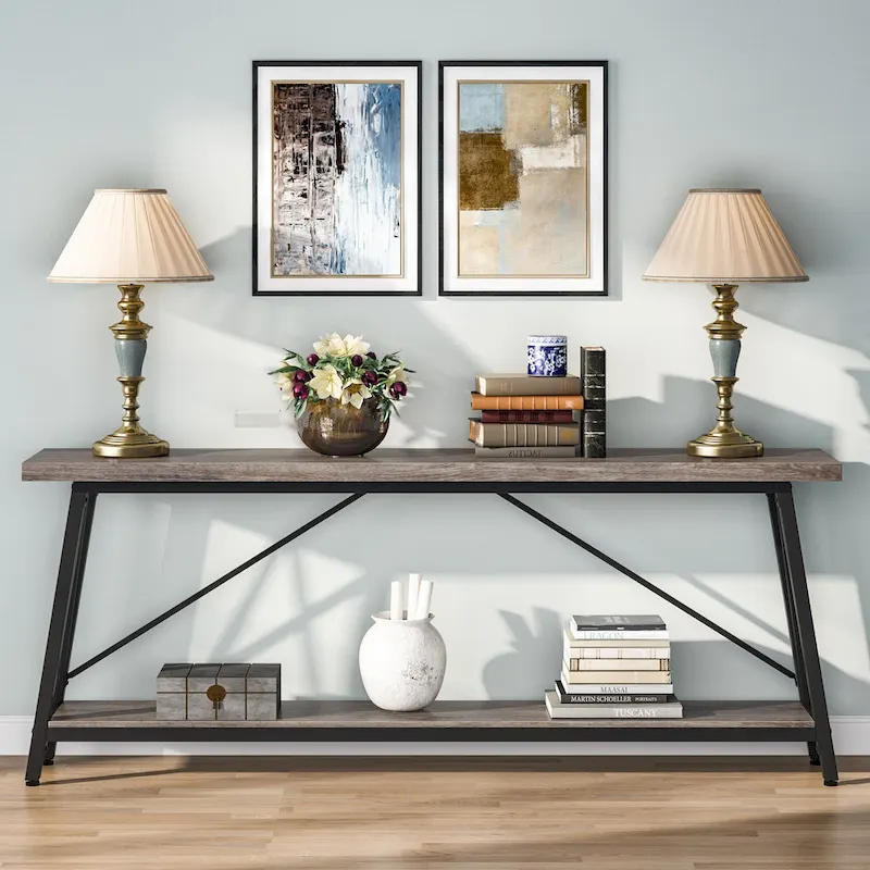 Rustic Brown Industrial Console Table with 2-Tier Storage