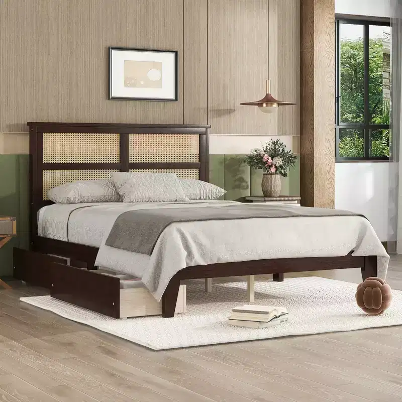 Full/Queen/King Size Platform Bed with Rattan Headboard, Wood Farmhouse Rattan Bed for Bedroom