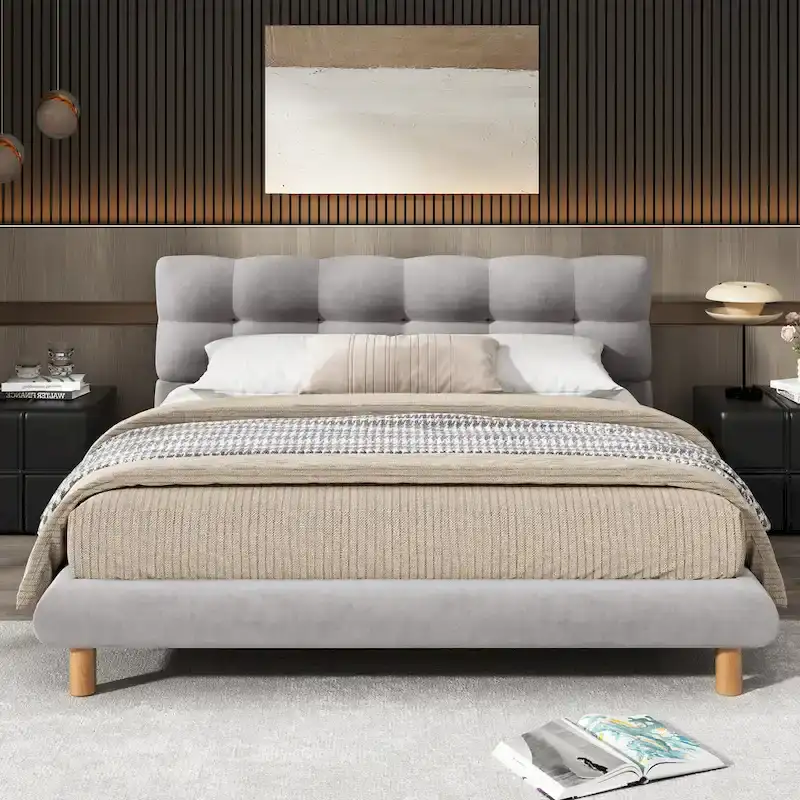Queen Size Upholstered Platform Bed with Cookie-Shaped Headboard