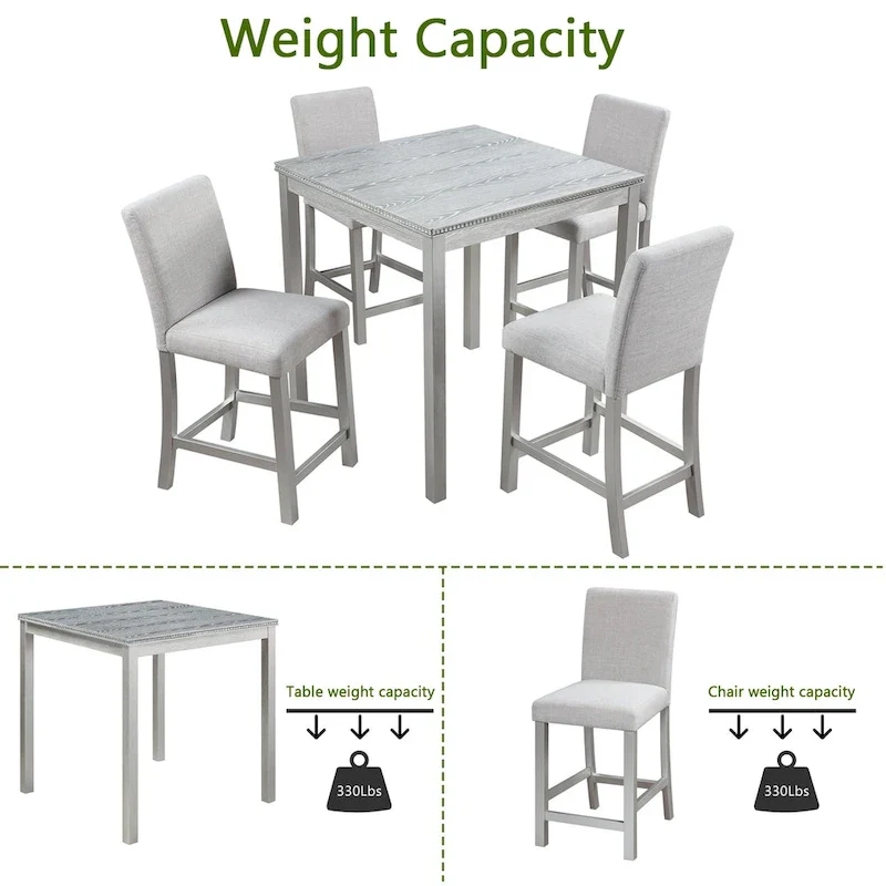 Modern 5-Piece Dining Set with Square Counter Height Table & 4 Upholstered Chairs