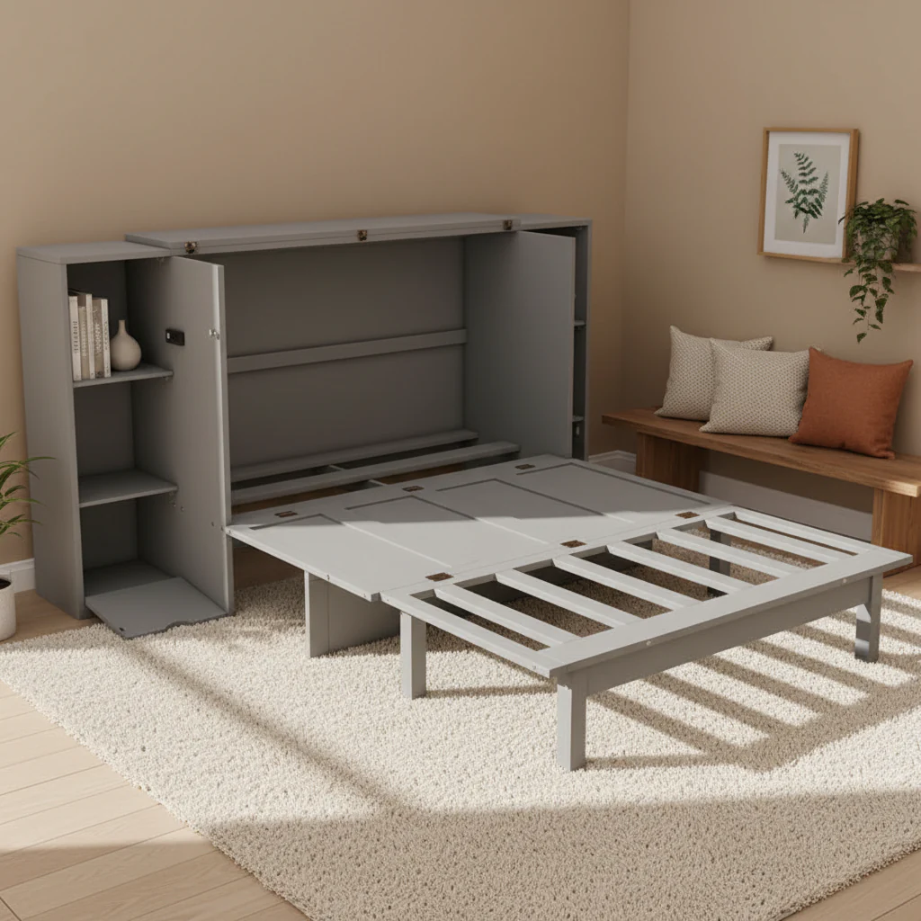 Full Size Wooden Murphy Bed with Shelves, Drawers and USB Ports