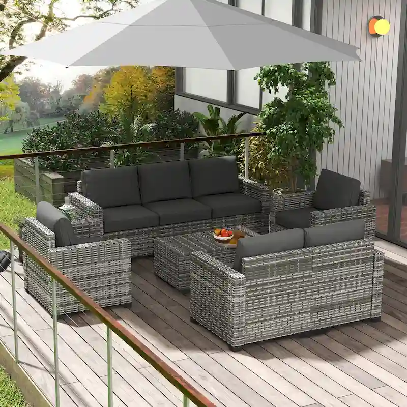 Outsunny 5 Piece Wicker Patio Furniture Set with Thick Padded Cushions, Outdoor PE Rattan Sectional Furniture Conversation Sofa