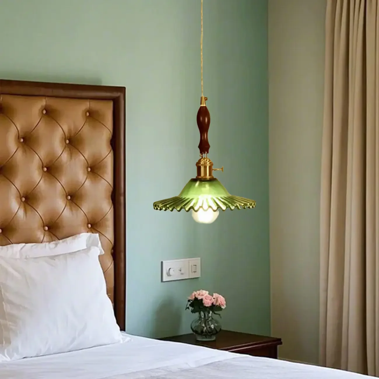 vintage green glass pleated led pendant light for bedroom
