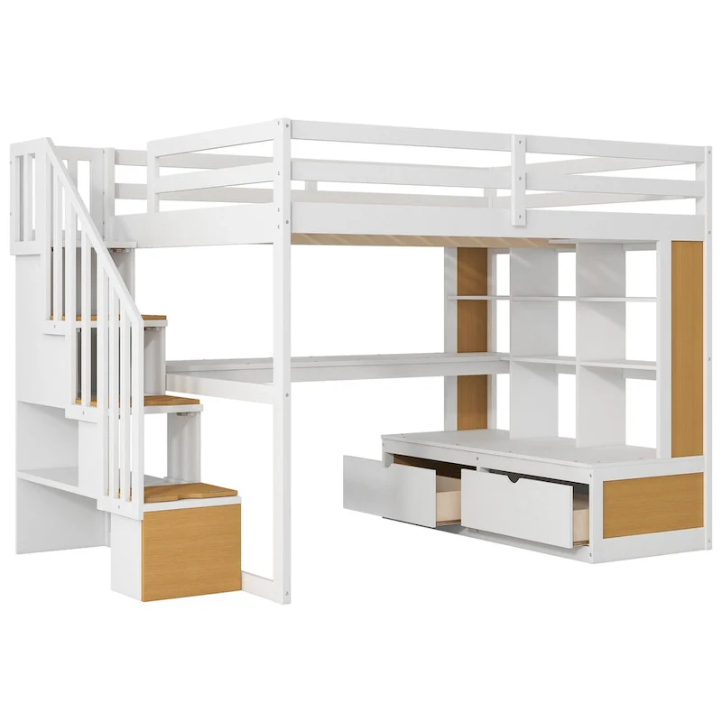 Natural+White Full Size Solid Wood Loft Bed with Desk, Shelves, and Drawers