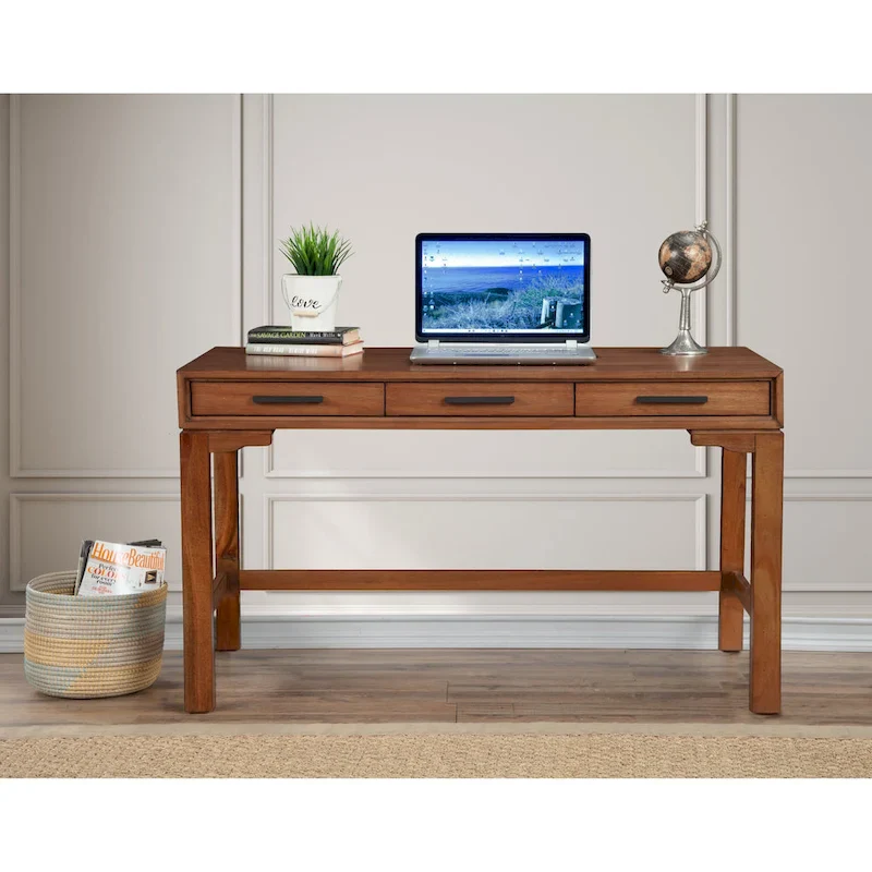 Honey Maple / Chalk White Large Writing Desk with 3 Drawers, 1-Person