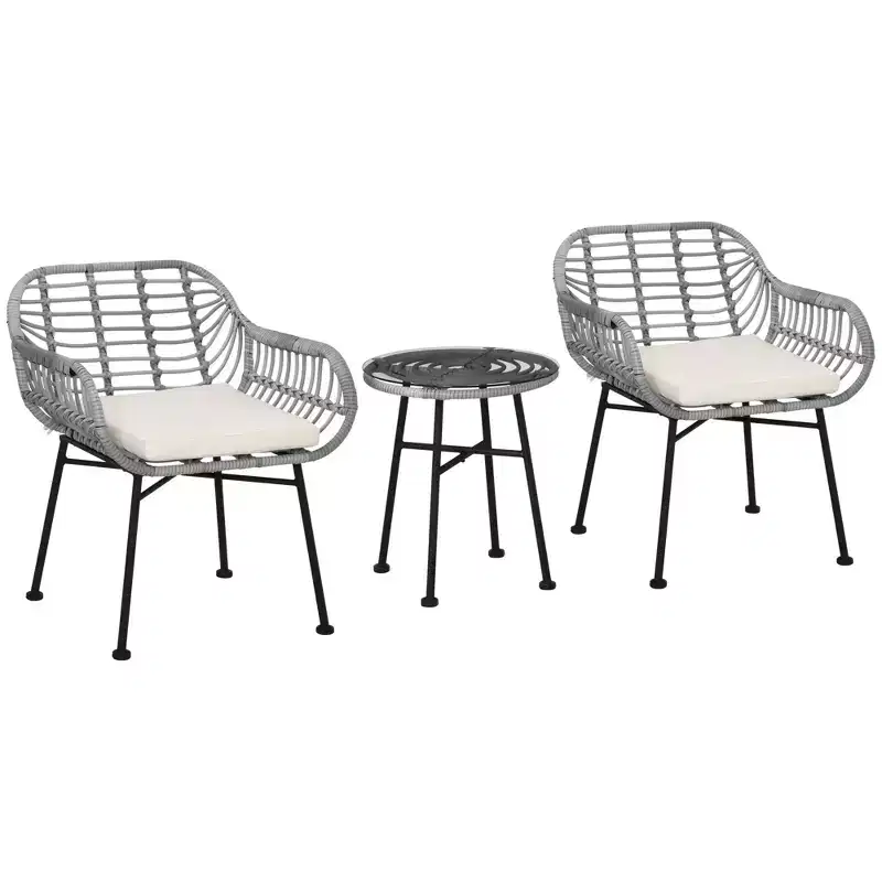 Outsunny 3-Piece Patio Rattan Chair and Table Furniture Set, Outdoor Bistro Set with Two Chairs and Coffee Table for Garden, or Backyard