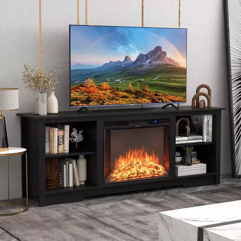 Costway 70 TV Stand with 26 Electric Fireplace Insert Remote Control for 75 TV Walnut/Black/Grey