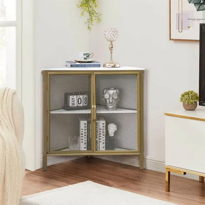 Corner Table Modern Triangle 3-tier Storage Shelf with 2 Doors for Living Room Bedroom Office