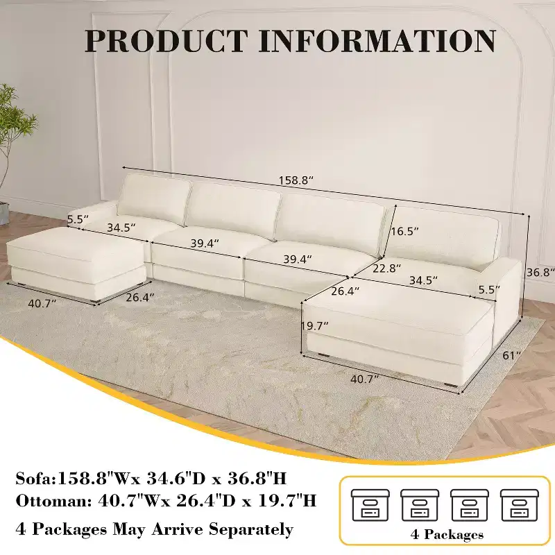 Dyonery large four-seater sofa, with a simple appearance, made of Chenille fabric, featuring a combination of sturdy high legs and wide armrests