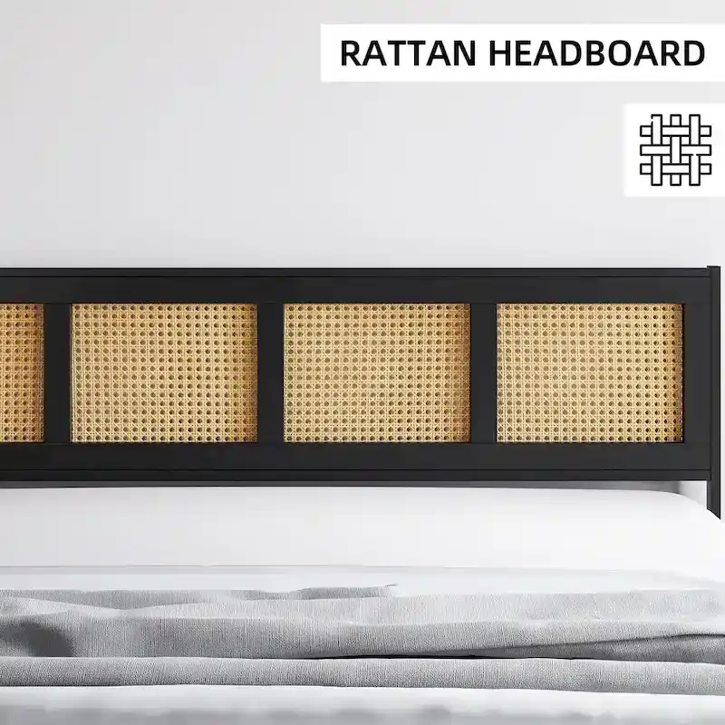 Platform Bed with Rattan Headboard and Footboard - Black Metal Frame