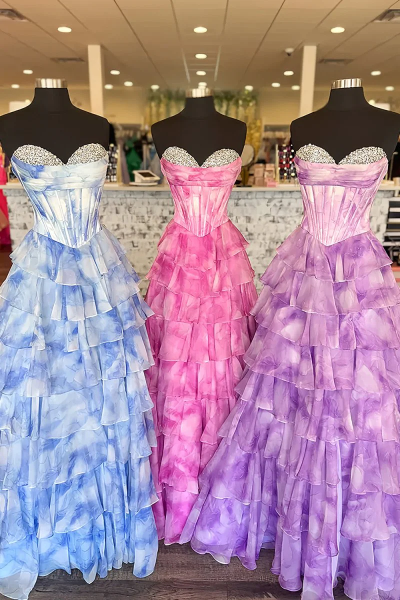 Blue Strapless A-Line Floral Chiffon Ruffled Long Prom Dresses With Beading