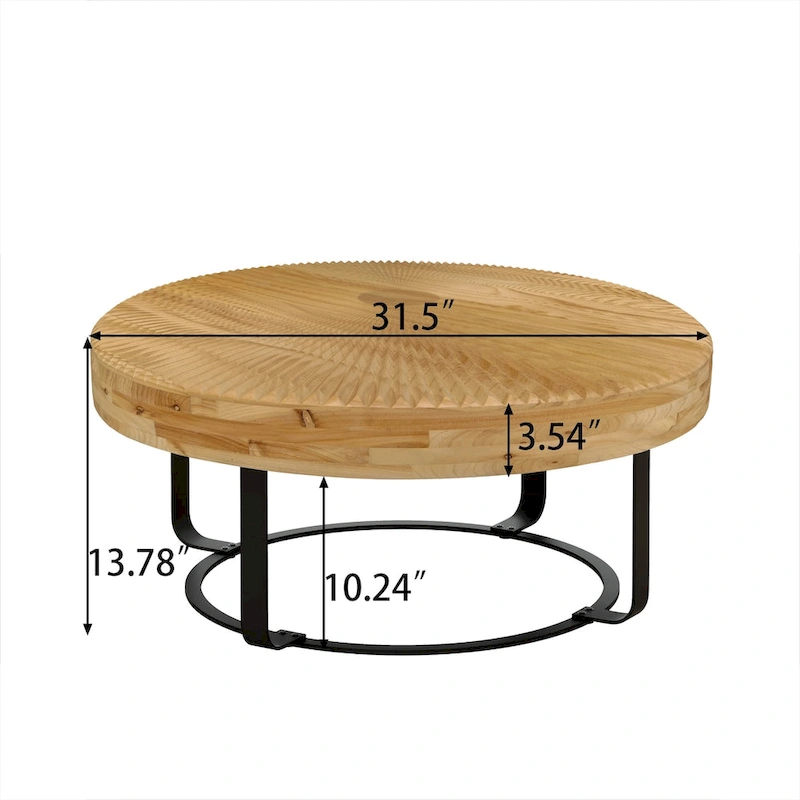 Modern Round Coffee Table Wooden Carving Pattern Coffee Table with Metal Legs