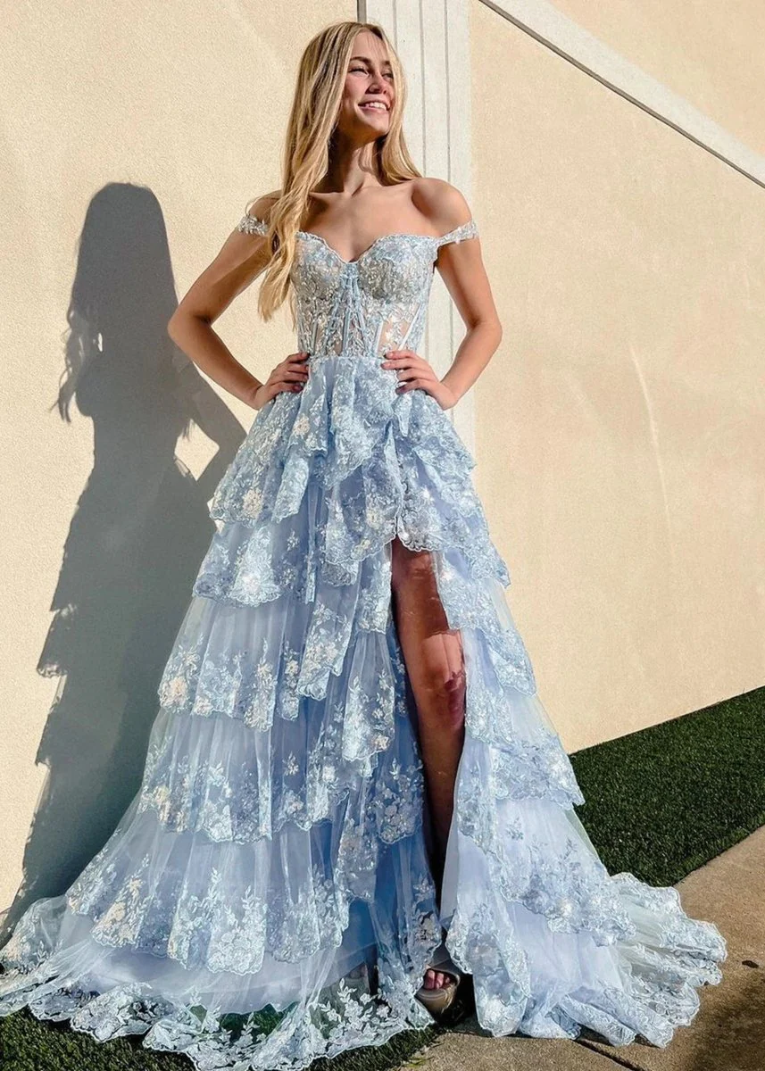 A-Line Lace Off-the-Shoulder Tiered Long Prom Dress with Slit