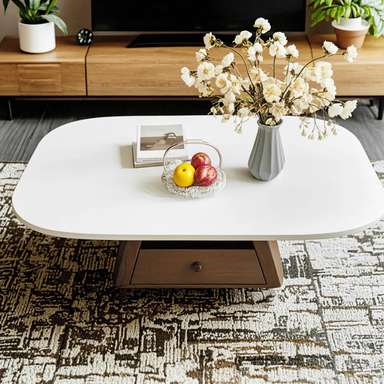 Modern Wood Oval Nesting Coffee Table with Block Base