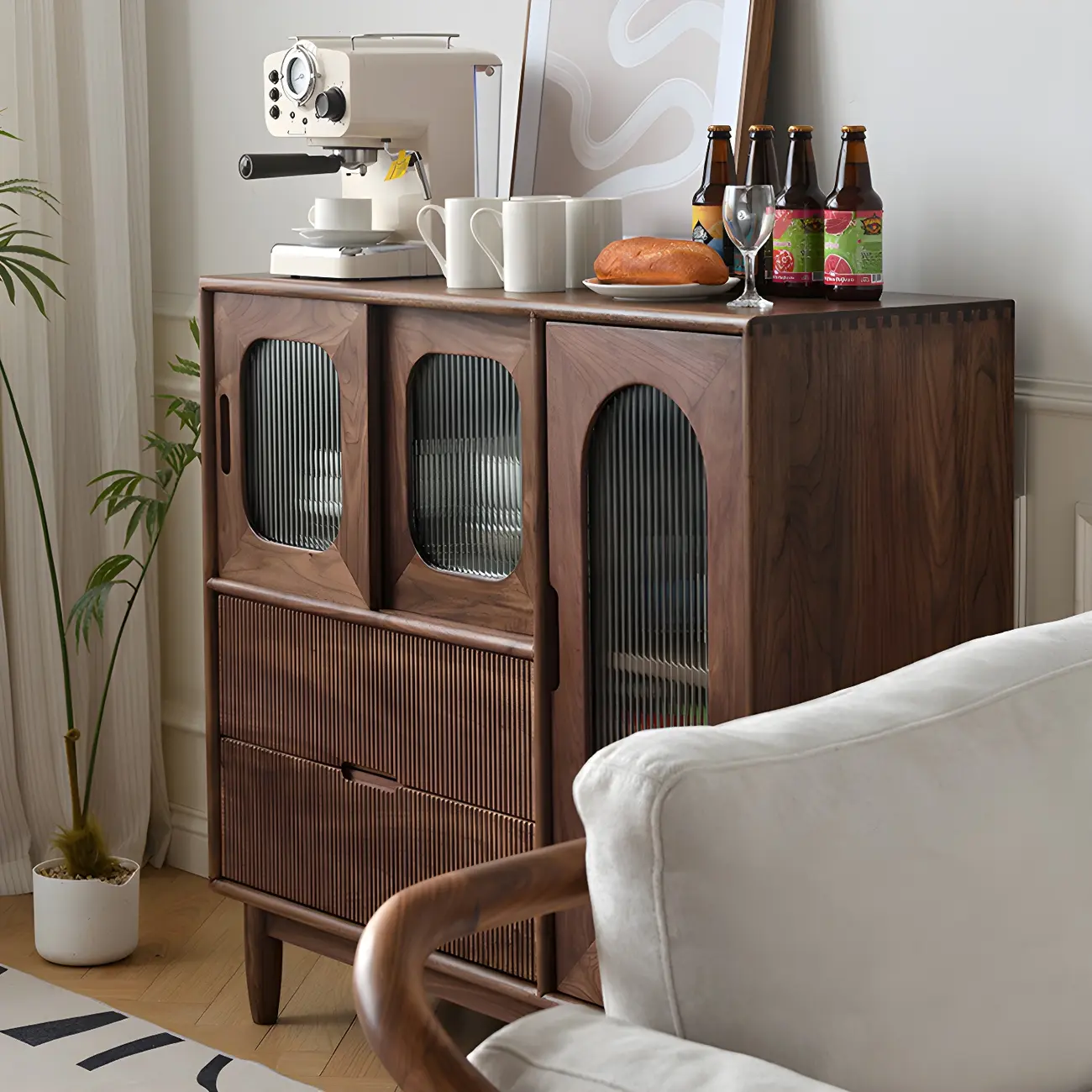 Walnut Wood Bottom Drawer Adjustable China Cabinet