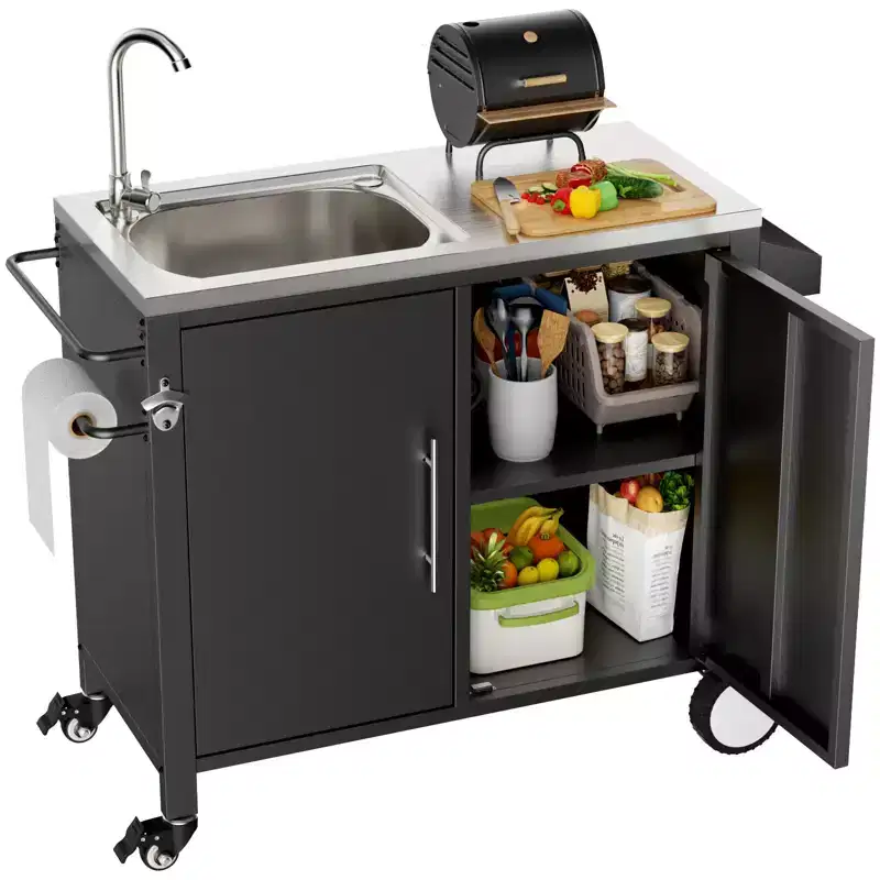 Outdoor Grill Table with Sink, Grill Cart with 304 Stainless Steel Sink and Cabinet, Outdoor Grill Cart,Outdoor Cart Sink