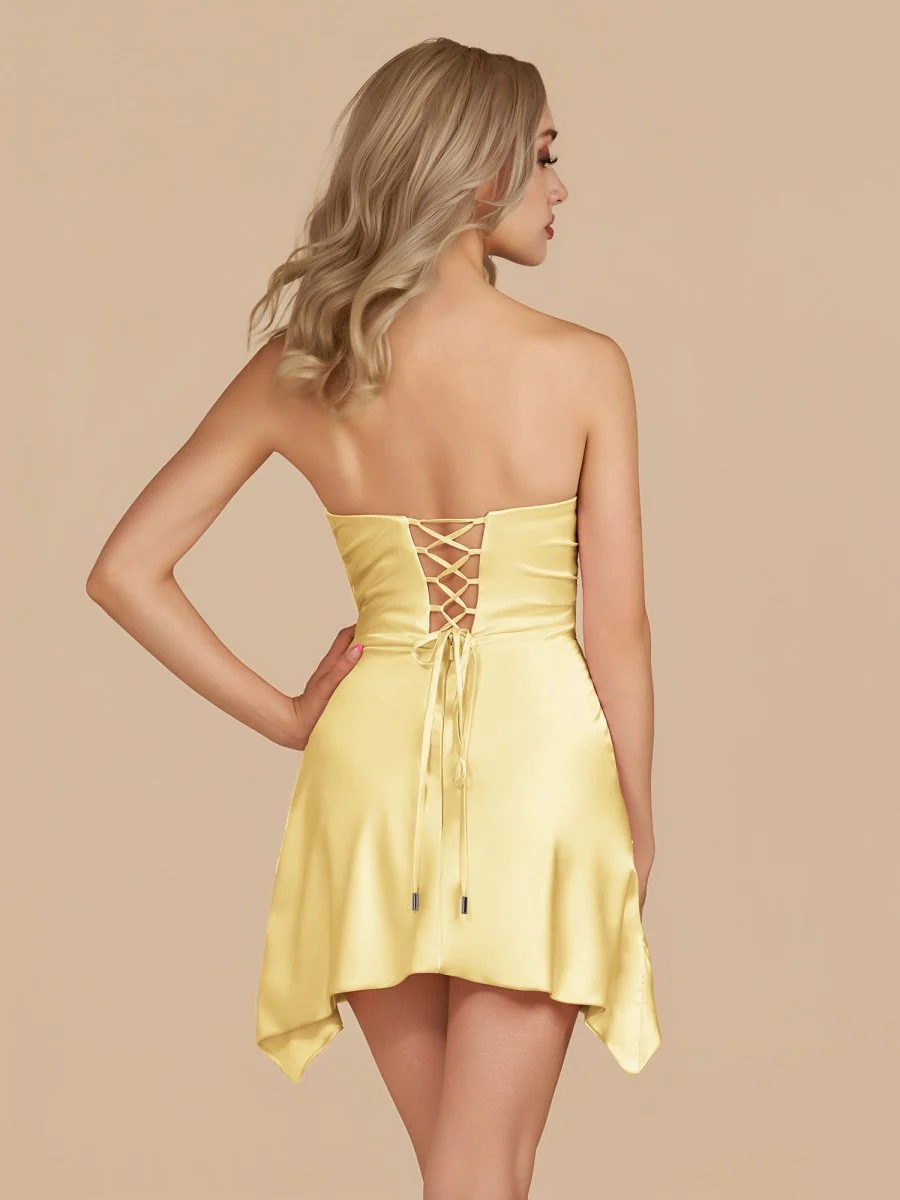 Yellow - Strapless Sheath Irregular Hem Satin Short Homecoming Dress