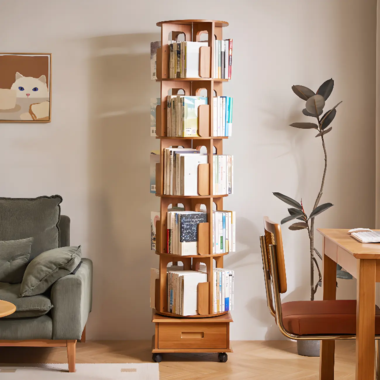 Narrow Rotating Cherry Wood Vertical Bookcase With Drawer