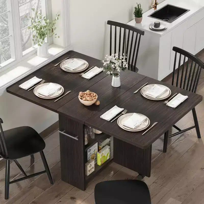 Space Saving Folding Dining Table, Farmhouse Dining Table for 4 Storage Shelf, 6 Wheels Multipose Expandable Kitchen Drop Leaf Table