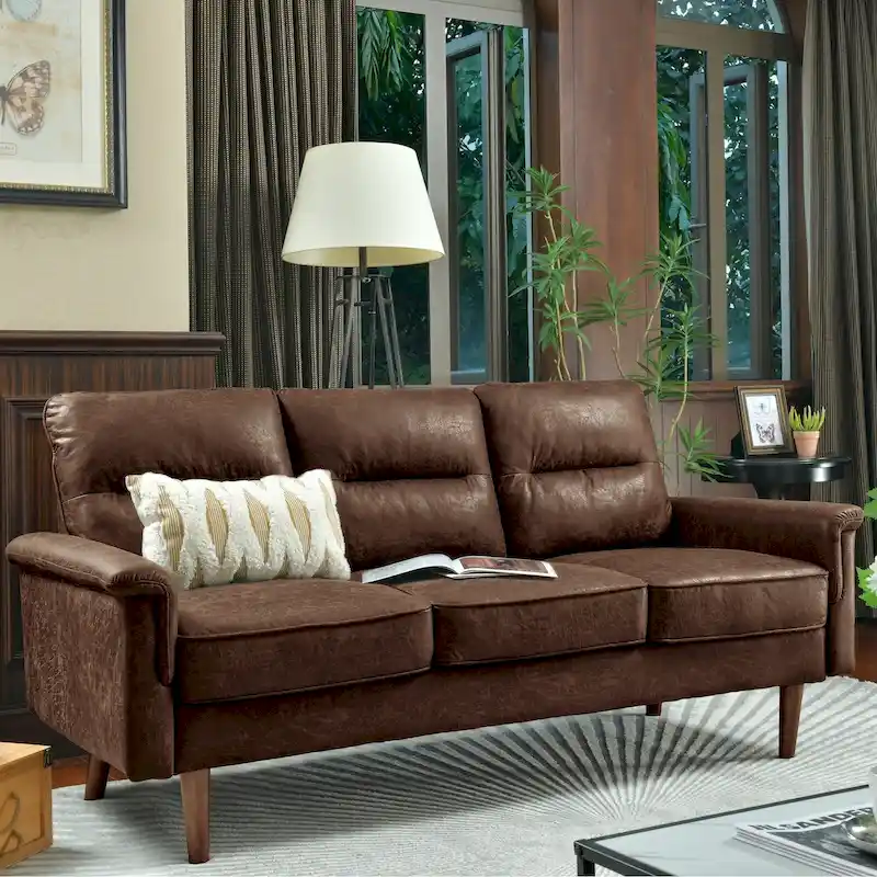Brown Faux Leather 3-Seater Sofa with Wood Legs