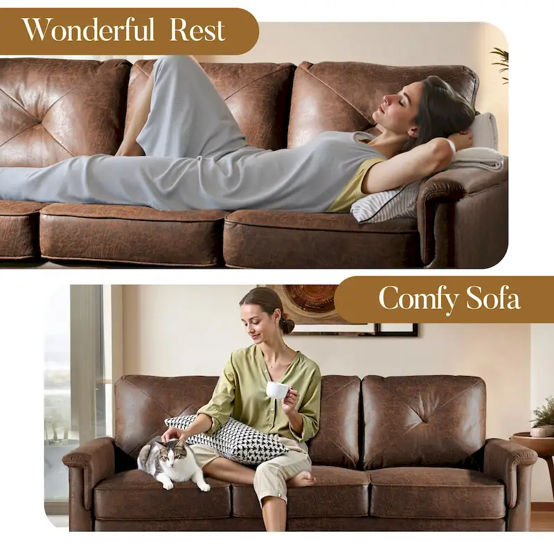 Mid-Century 3-Seat Upholstered Sofa with Wood Legs