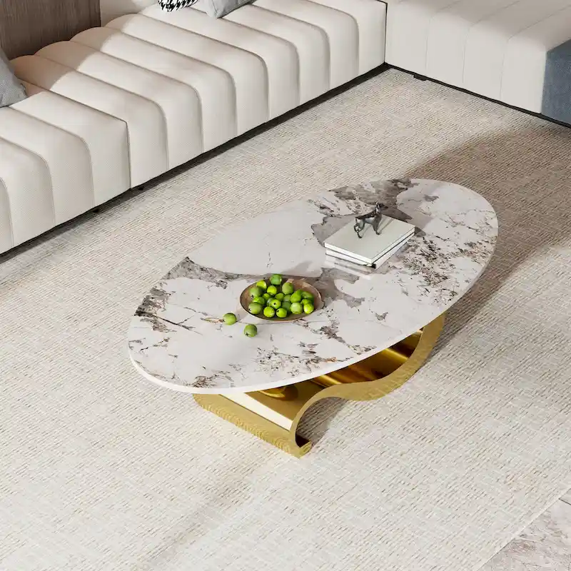 Gold & Stone Oval Sintered Stone Top Coffee Table with Gold Stainless Steel Base - Single Use