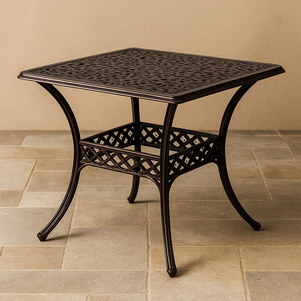 Table de jardin carrée en aluminium moulé ajouré marron, 80x80x75 cm
