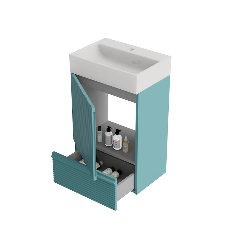 Single Sink Bathroom Vanity, Modern Grille-patterned Freestanding Vanity With Hidden Handle, Wood Bathroom Cabinet