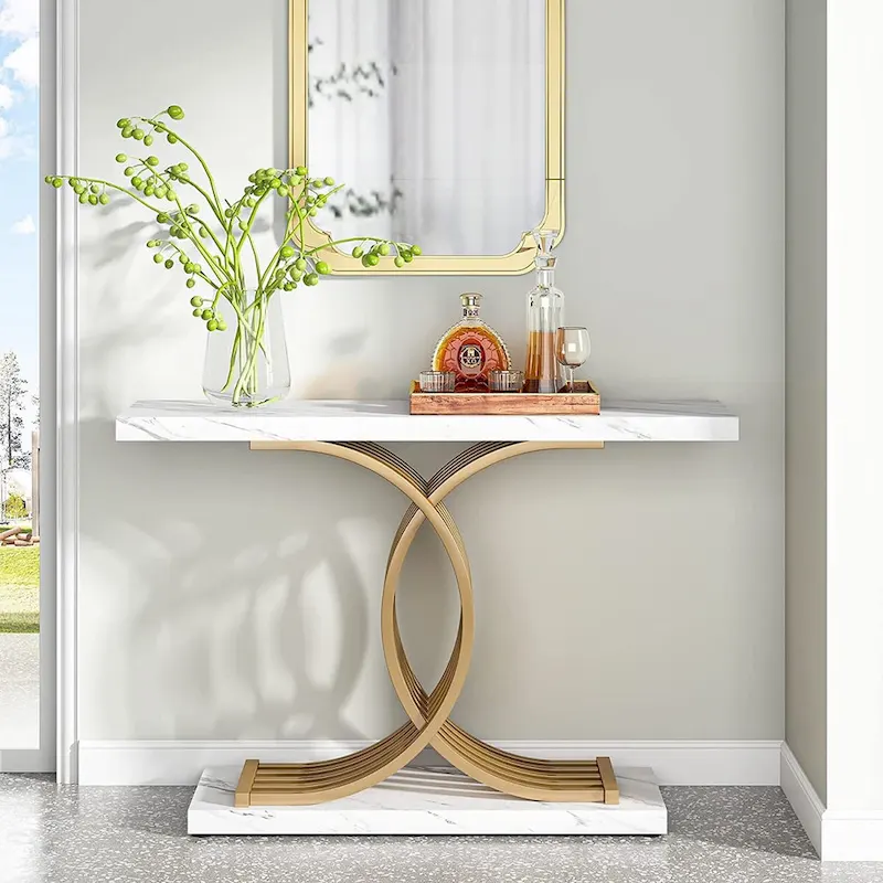 Faux Marble Console Table with Gold Metal Frame - White/Gold - 40