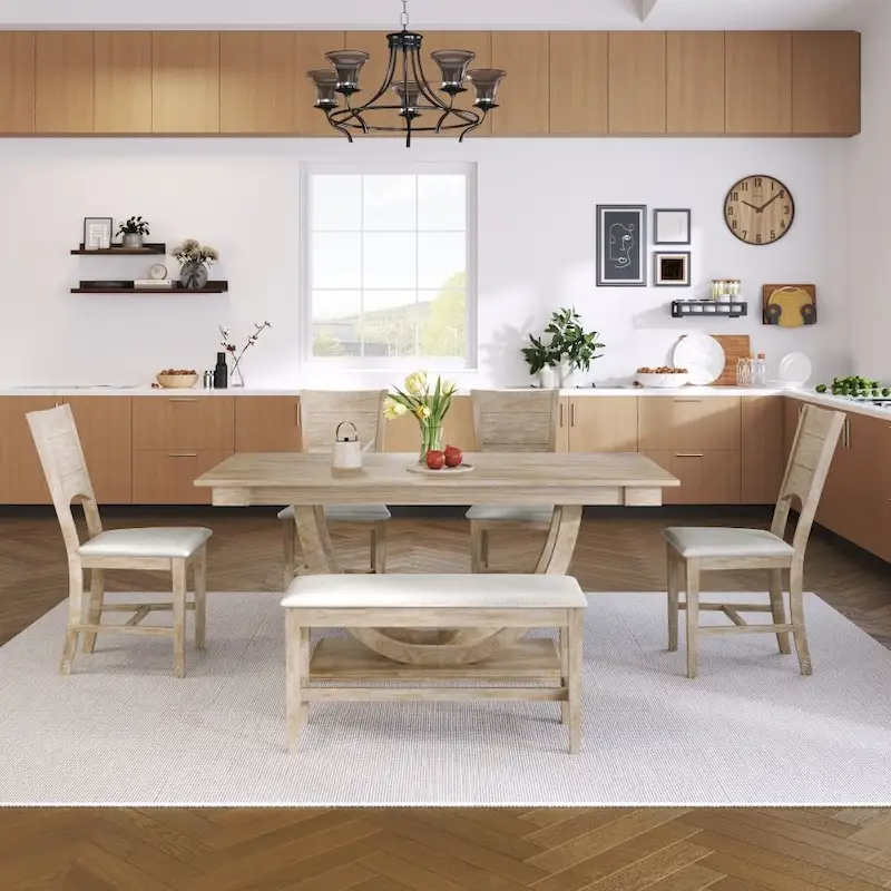 Solid Wood Dining with Half-Round Legs, 4 Chairs & Bench – Natural / Grey, Seats 6