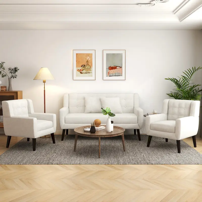 Modern Curved 63 Button Tufted Upholstered Loveseat with 2 Accent Chairs