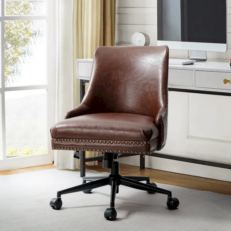Faux Leather Task Chair with Arms and Nailhead Trim