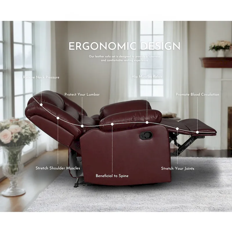 Faux Leather Manual Reclining Living Room Sofa with Dropdown Table and Console