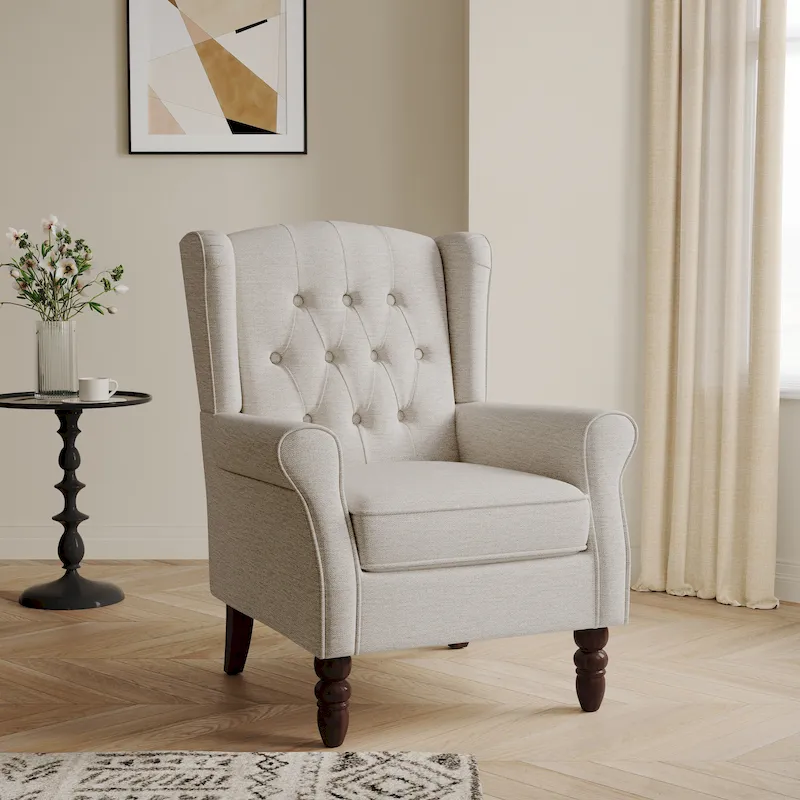 Button-Tufted Wingback Accent Chair – Beige / Gray / Brown / Green / Blue / Taupe / Leather, Rolled Arms, Seats 1