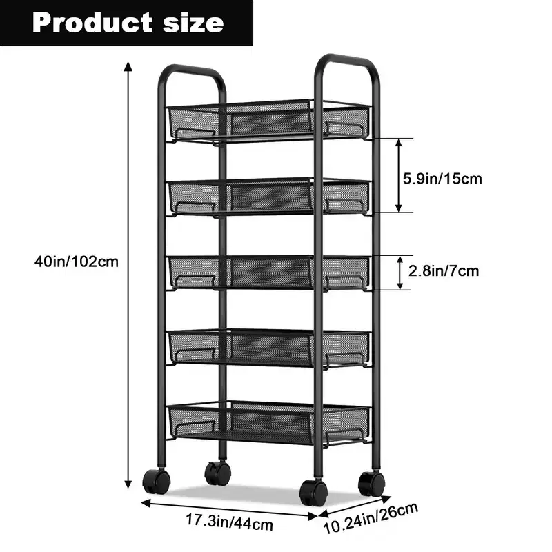 GustoWave 5-Tier Storage Rack with Rotating Wheels for Kitchen