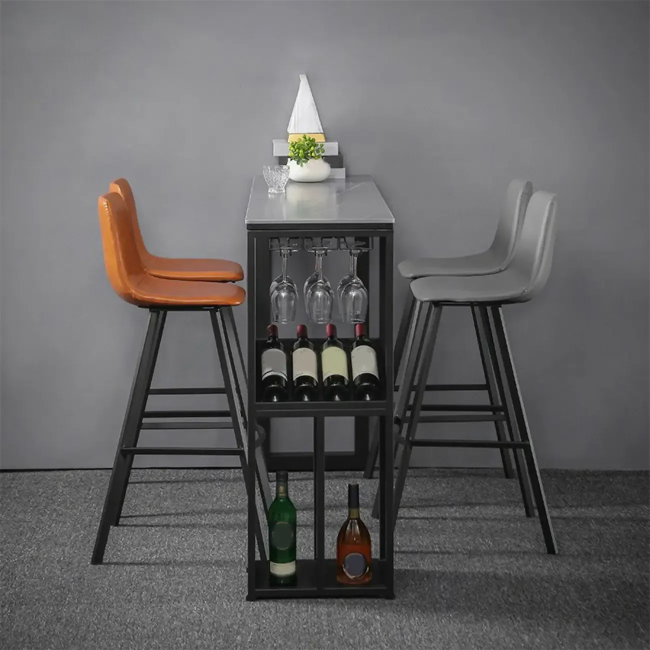 Modern Stone Metal Wine Storage Bar Tables with Cup Holder