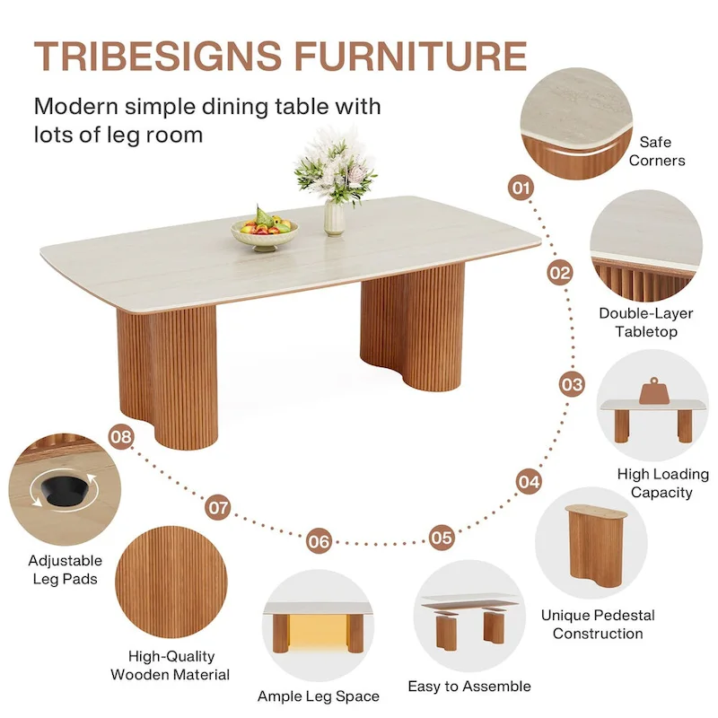 78.7Rectangle Dining Table, Luxury Sintered Stone Kitchen Table with Solid Wood Legs