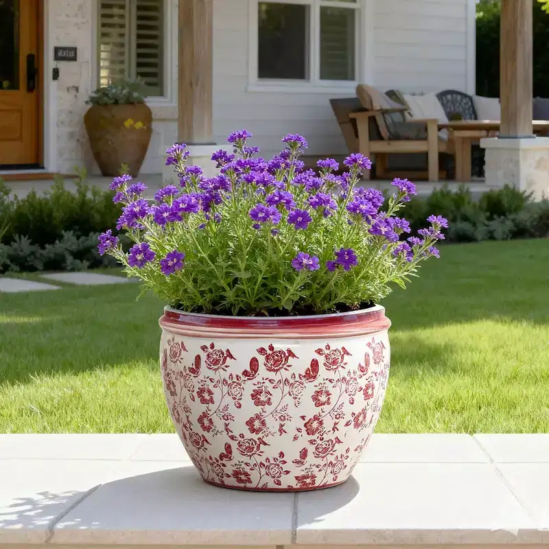 LuxenHome Red Floral Ceramic Planter, Round, Indoor & Outdoor Garden Pot