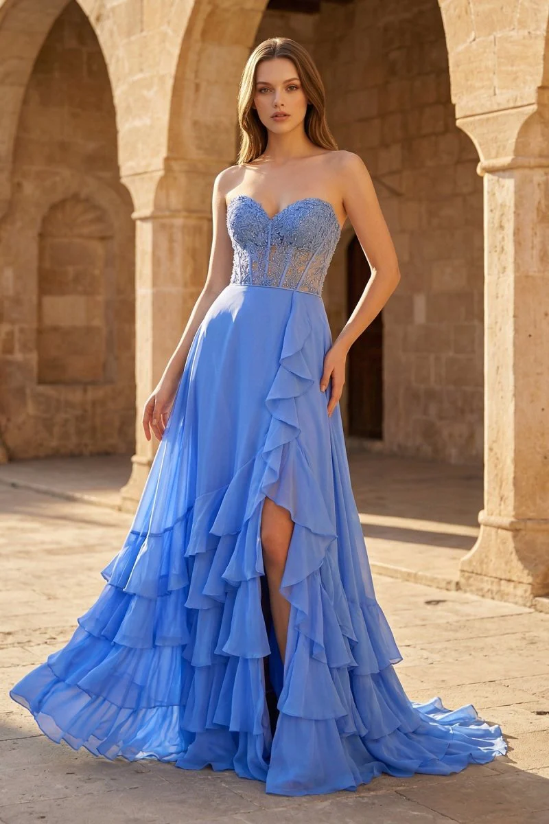 Blue - Strapless Chiffon Ruffled A Line Long Prom Dresses With Appliques