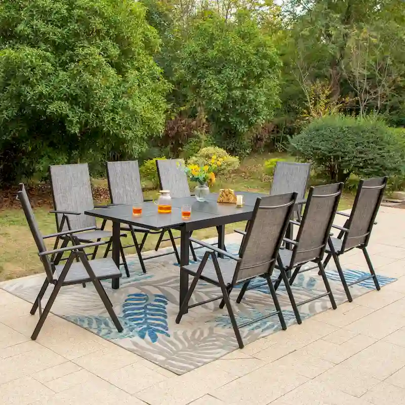 Outdoor 9-Pieces Dining Set, 8 x Reclining Folding Sling Dining Chairs and 1 Patio Extendable Table for 6-8 Person