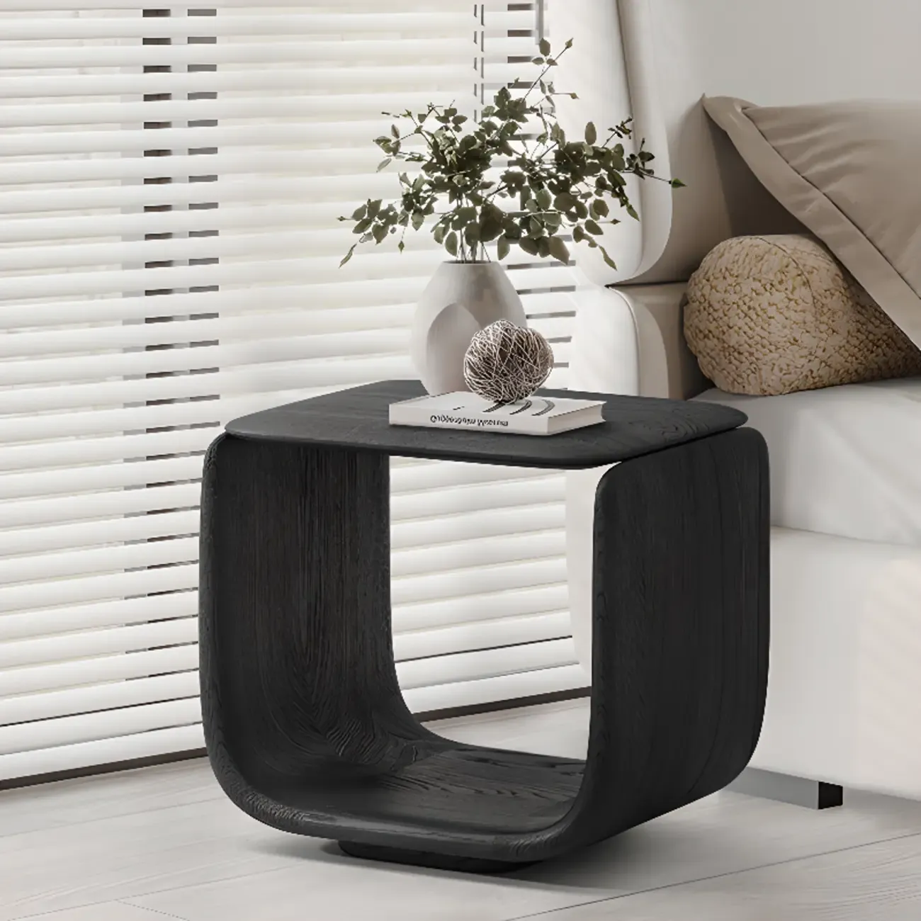 Contemporary Black Elegant Open Storage Wooden Side Table