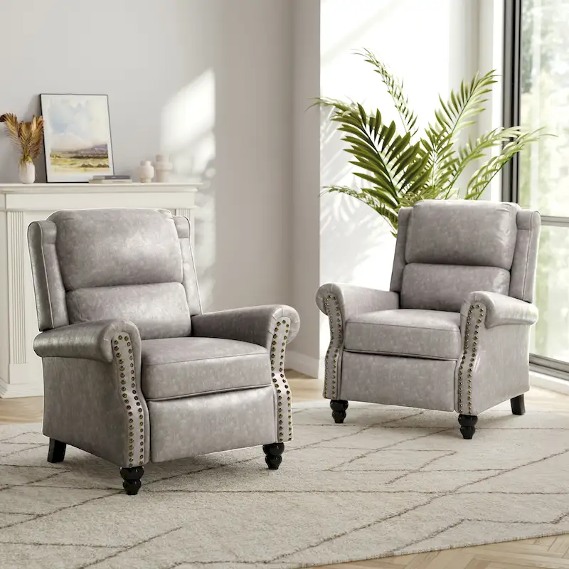2 Set Nail-head Padded Seat Pushback Recliner Chair